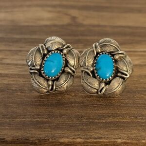 Sterling Silver Turquoise Stud Earrings Navajo Style Floral Southwest